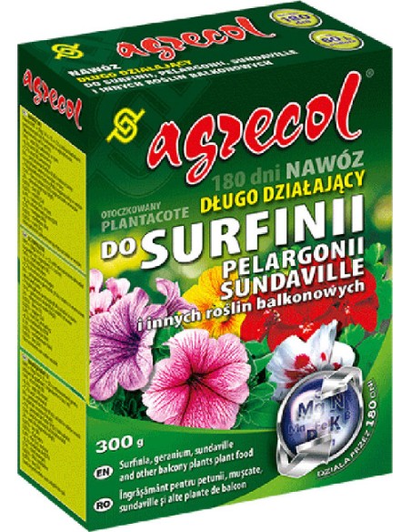 AGRECOL PLANTACOTE Nawóz DO SURFINII, PELARGONII, SUNDAVILLE I INNYCH ROŚLIN BALKONOWYCH, 300 g