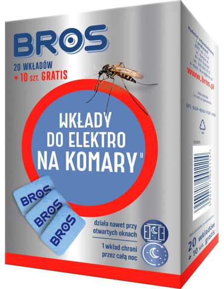 BROS Wkłady do elektrofumigatora NA KOMARY, 20+10 szt GRATIS
