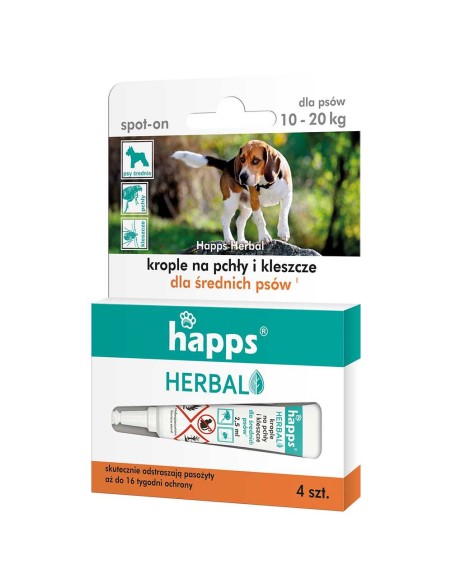 HAPPS HERBAL Krople na pchły i kleszcze dla  psów 10-20 kg, 4 szt