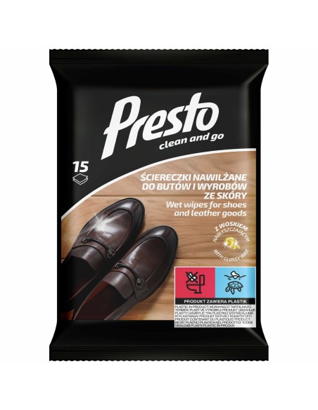 PRESTO CLEAN Ściereczki nawilżane DO BUTÓW I WYROBÓW ZE SKÓRY, 15 szt 