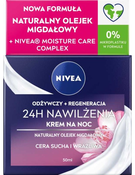 NIVEA 24H NAWILŻENIA Krem do twarzy na noc do cery suchej i wrażliwej ODŻYWCZO-REGENERUJĄCY Z OLEJKIEM MIGDAŁOWYM, 50 ml