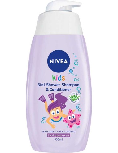 NIVEA KIDS Żel do mycia ciała i włosów z odżywką dla dziewczynek 3w1 JAGODOWY, 500 ml