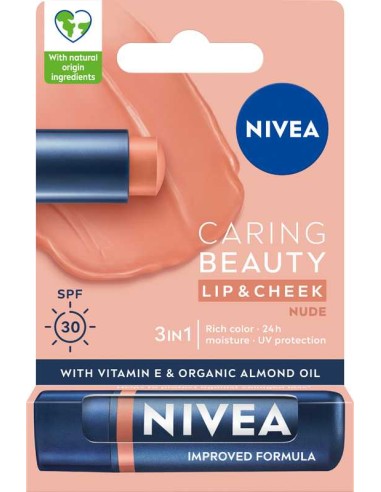 NIVEA CARING BEAUTY Pomadka do ust i policzków 3w1 NUDE SPF 30, 4,8 g