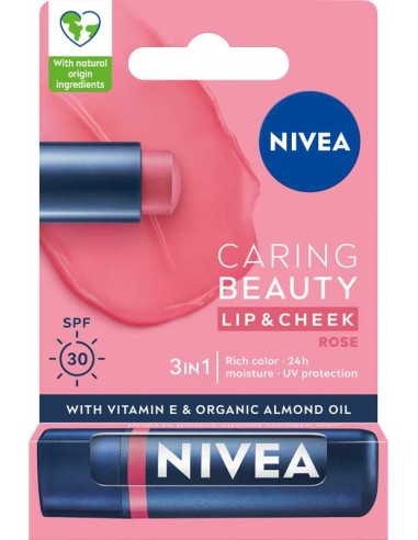 NIVEA CARING BEAUTY Pomadka do ust i policzków 3w1 ROSE SPF 30, 4,8 g