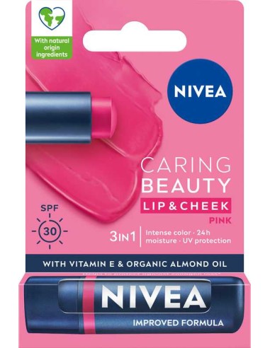 NIVEA CARING BEAUTY Pomadka do ust i policzków 3w1 PINK SPF 30, 4,8 g