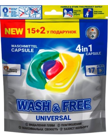 WASH&FREE Kapsułki do prania UNIWERSALNE, 4w1 15+2 szt