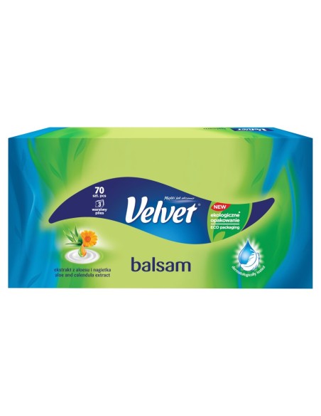 VELVET BALSAM Chusteczki higieniczne w kartoniku 3-warstwowe Z EKSTRAKTEM Z ALOESU I NAGIETKA, 70 szt
