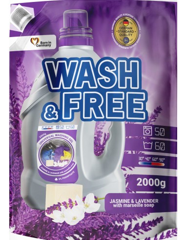 WASH&FREE Żel do prania UNIWERSALNY LAWENDA, JAŚMIN I MYDŁO MARSYLSKIE 60 prań, 2000 g zapas