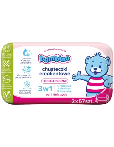 BAMBINO Chusteczki hipoalergiczne dla  dzieci i niemowląt 3w1 EMOLIENTOWE, 2 x 57 szt