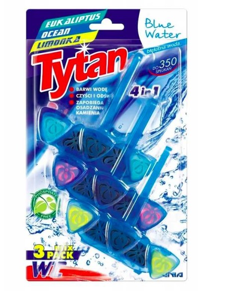 TYTAN BLUE WATER Zawieszka do toalety barwiąca wodę 4w1 EUKALIPTUS, OCEAN, LIMONKA , 3 x 40 g