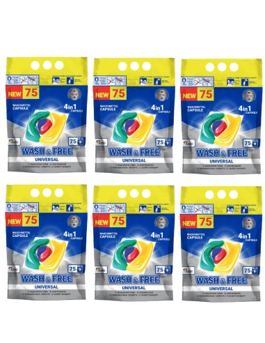 WASH&FREE Kapsułki do prania 4w1 UNIWERSALNE, 75 szt  pakiet 6 opakowań