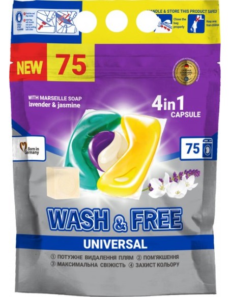 WASH&FREE Kapsułki do prania 4w1 UNIWERSALNE, Mydło Marsylskie, Lawenda 75 szt folia