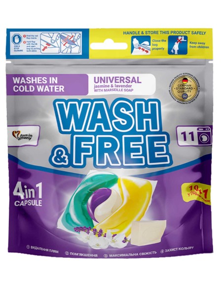 WASH&FREE Kapsułki do prania 4w1 UNIWERSALNE, Mydło Marsylskie, Lawenda 10+1 szt folia