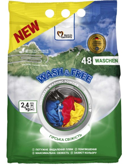 WASH&FREE Proszek do prania UNIWERSALNY 48 prań, Górska Świeżość 2,4 kg