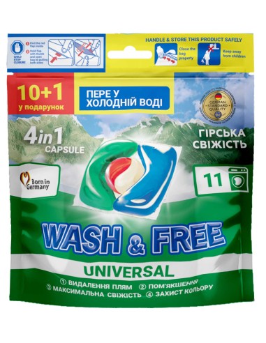 WASH&FREE Kapsułki do prania 4w1 UNIWERSALNE, Górska Świeżość 10+1 szt folia