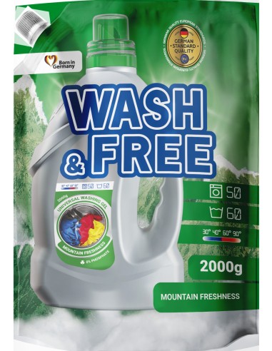 WASH&FREE Żel do prania UNIWERSALNY, Górska Świeżość 60 prań A1 2000 g zapas