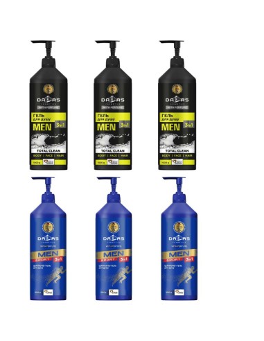 DALAS MEN Zestaw 6 szt Żeli pod prysznic 3W1 3 x Żel TOTAL CLEAN 1L , 3 x Żel SPORT 1L