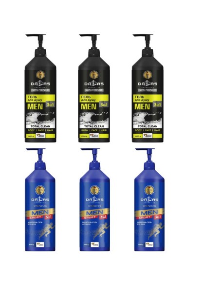 DALAS MEN Zestaw 6 szt Żeli pod prysznic 3W1 3 x Żel TOTAL CLEAN 1L , 3 x Żel SPORT 1L