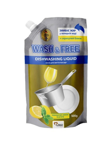 WASH&FREE Płyn do naczyń CYTRYNA i MIĘTA, A1 500 g zapas folia