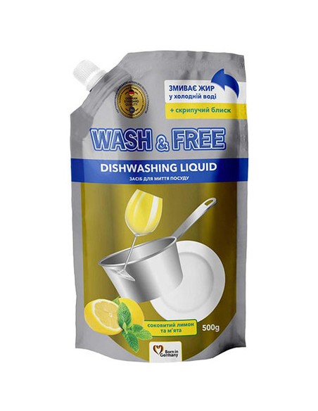 WASH&FREE Płyn do naczyń CYTRYNA i MIĘTA, A1 500 g zapas folia