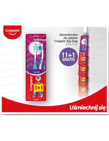 COLGATE SZCZOTECZKA DO ZĘBÓW ŚREDNIA ZIG-ZAG 1+1 - PAKIET NA KRAWACIE 12 SZT 