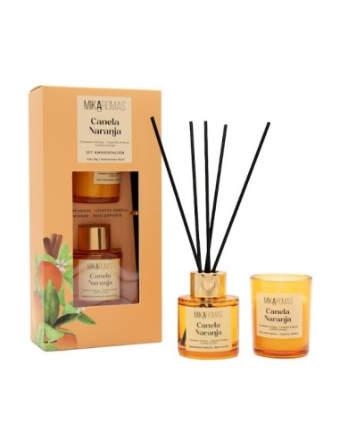 MIKAROMAS Zestaw CYNAMON POMARAŃCZA patyczki zapachowe 50 ml + świeca 50 g