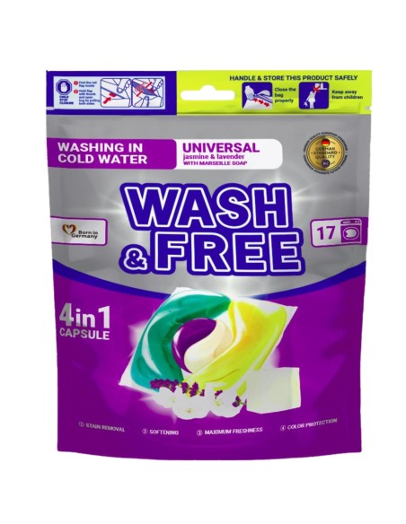 WASH FREE Kapsułki do prania 4W1 MYDŁO MARSYLSKIE, 17 szt