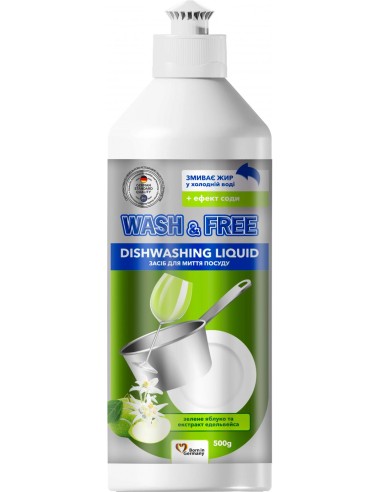 WASH&FREE Płyn do naczyń ZIELONE JABŁKO i SZAROTKA, A1 480 g butelka