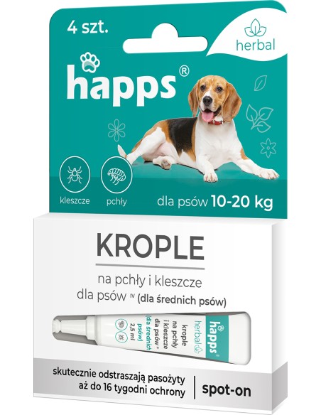 HAPPS HERBAL Krople na pchły i kleszcze dla  psów 10-20 kg, 4 szt