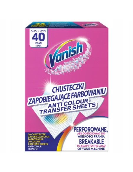 VANISH Chusteczki do prania 40 prań, 20 szt ŁAPACZ KOLORÓW, 1 op